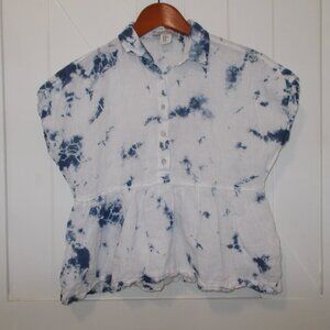 Rachel Zoe 100% Linen Tie Dye Shirt Top Blue & White Ruffle Hem Women's XS